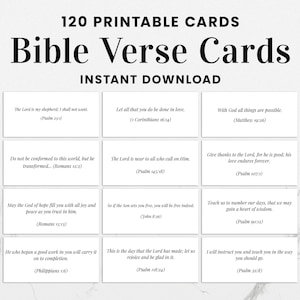 May include: A digital download featuring 120 printable Bible Verse Cards. The cards display various verses in a clean, minimalist design. The text "120 Printable Cards" and "Bible Verse Cards" are at the top, with "Instant Download" below.