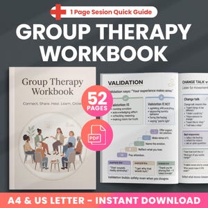 May include: A workbook titled "Group Therapy Workbook" with 52 pages, designed for group therapy sessions. The cover features a group of diverse people in a circle. Includes a PDF download. The workbook is A4 & US Letter size.