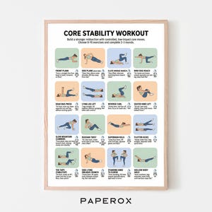 May include: A framed poster titled "CORE STABILITY WORKOUT" with illustrated exercises. The poster features various core exercises, including planks, leg lifts, and crunches, with instructions. The poster is in a light wood frame and is suitable for home gyms.