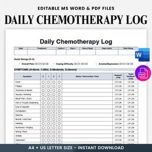 Könnte beinhalten: Eine druckbare Vorlage für ein tägliches Chemotherapie-Protokoll in MS Word- und PDF-Formaten. Das Dokument enthält Abschnitte zur Aufzeichnung von Behandlungsdetails, Schnellbewertungen und Symptomverfolgung mit Platz für Notizen und Interventionen. A4- und US-Letter-Größe.