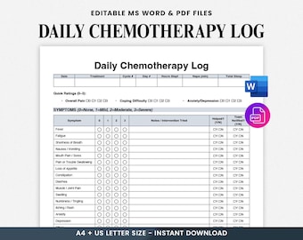Szablon dziennika chemioterapii – edytowalny dziennik objawów chemioterapii, planer opieki onkologicznej, planer leczenia onkologicznego, plik PDF do druku i plik Word