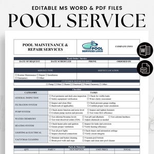 Swimming Pool Service Work Order Invoice, Pool Care, Pool Maintenance, Pool Cleaning, Pool Business, Pool Checklist, Editable PDF Template