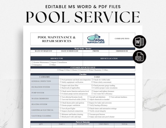 Swimming Pool Service Work Order Invoice, Pool Care, Pool Maintenance, Pool Cleaning, Pool Business, Pool Checklist, Editable PDF Template