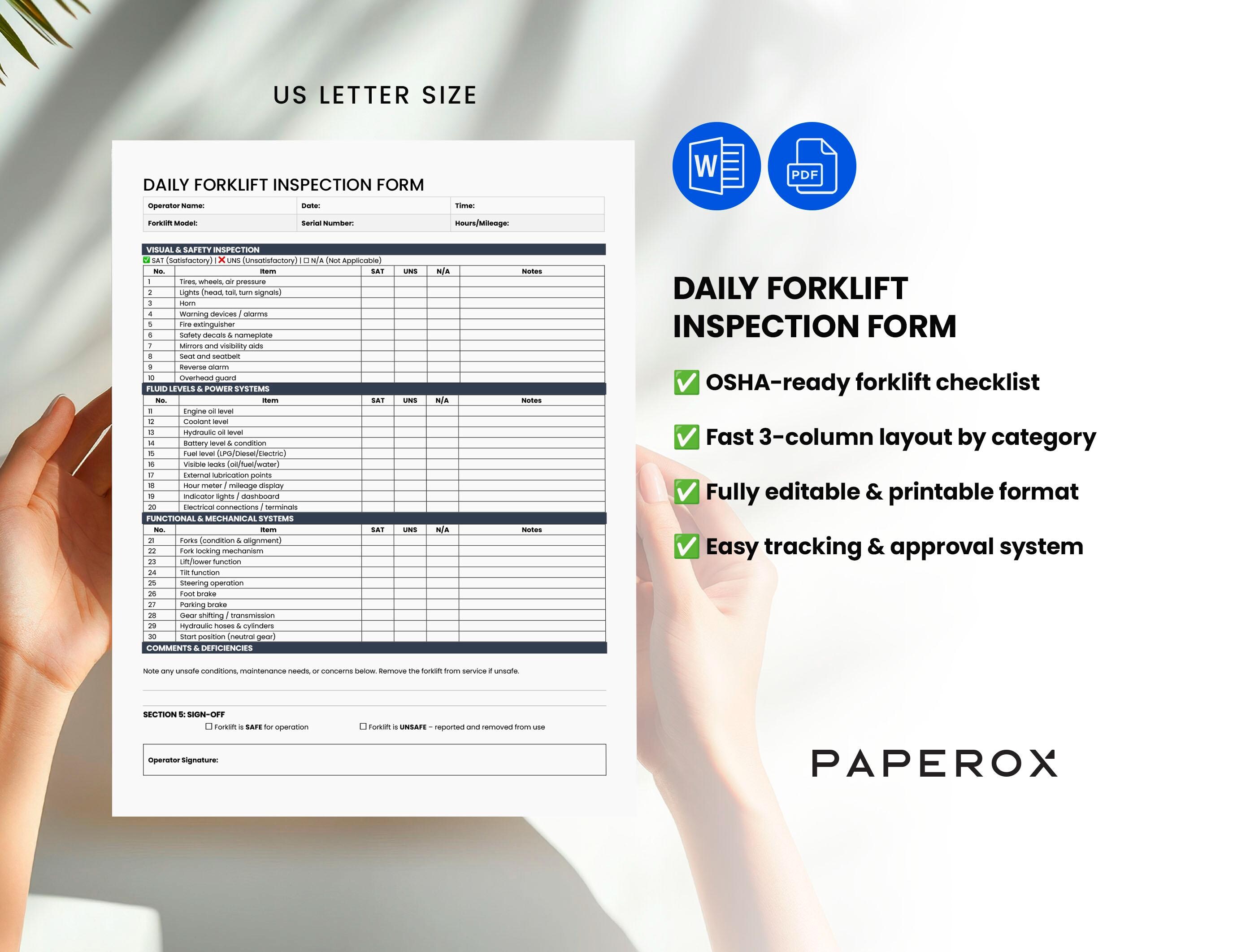 Daily Forklift Inspection Checklist PDF - OSHA Safety Log Sheet ...