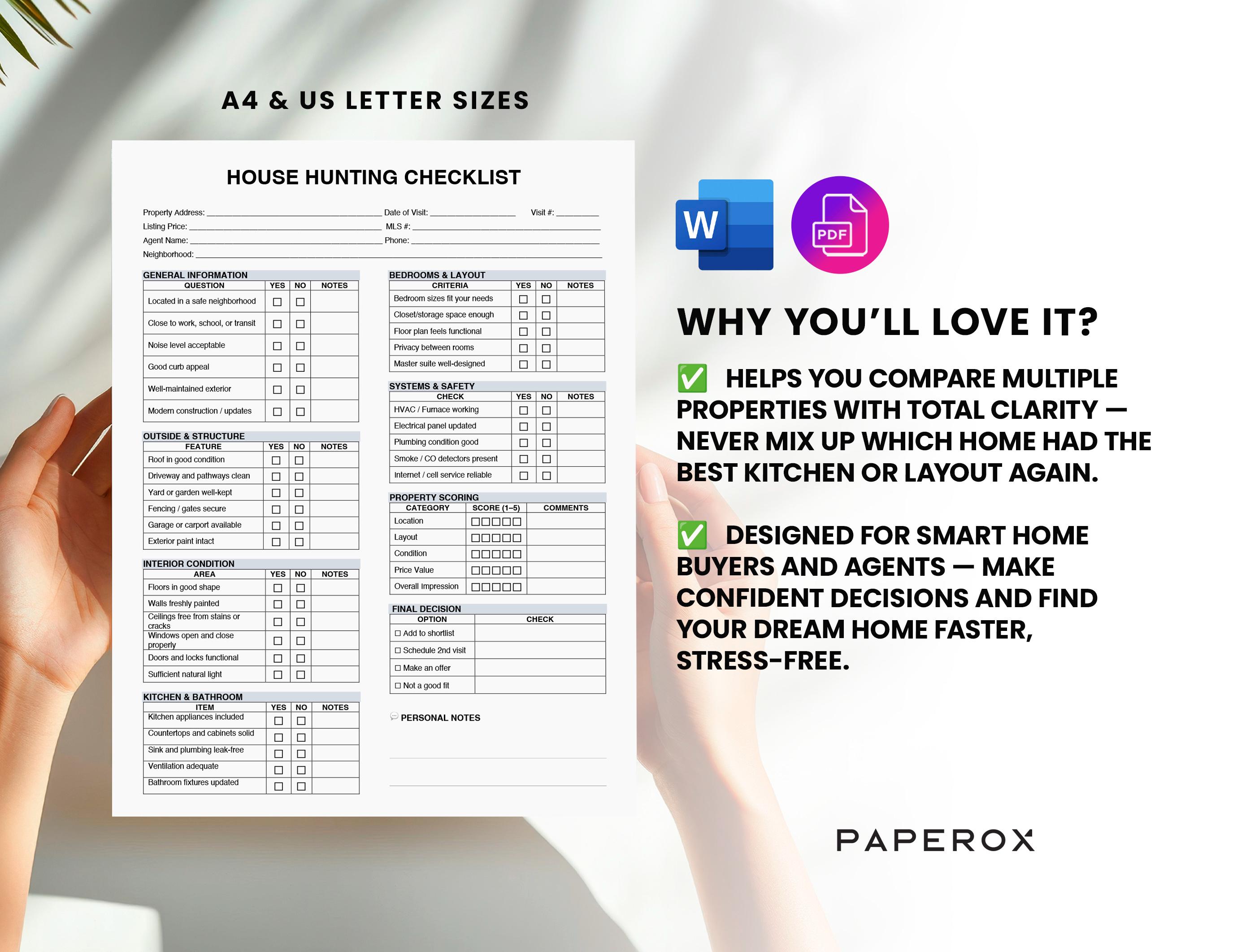 Printable House Hunting Checklist, Editable Home Buying Evaluation Form ...