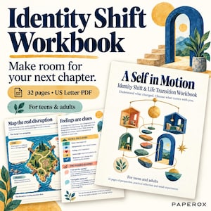 Puede incluir: Identity Shift Workbook, un PDF de 32 páginas en formato US Letter para adolescentes y adultos. La portada muestra el título A Self in Motion y una ilustración de un móvil con habitaciones colgantes y arcos. Las páginas interiores presentan ejercicios con coloridas ilustraciones de paisajes y guías de reflexión.
