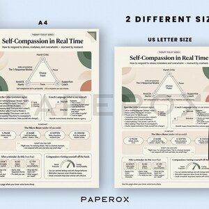 May include: Two beige therapy guides, one A4 size and one US Letter size, with the title "Self-Compassion in Real Time." The guides feature infographics, flowcharts, and text on managing stress and mistakes. A black pen rests on the US Letter guide.