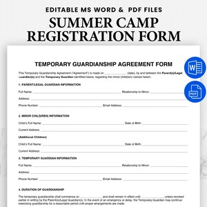 May include: A white Summer Camp Registration Form with the text "EDITABLE MS WORD & PDF FILES" at the top. The form includes sections for parent/legal guardian and minor child information. Includes a Word and PDF icon.