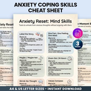May include: A digital cheat sheet for anxiety coping skills, featuring three pages of mind skills, including the "Anxiety Reset" and "3-Moment Skills" sections. The document is available in A4 and US Letter sizes for instant download.