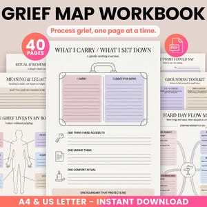 Può includere: Un quaderno di lavoro intitolato "Grief Map Workbook" con 40 pagine, progettato per elaborare il lutto. Include esercizi come "Cosa porto/Cosa lascio" e "Dove vive il dolore nel mio corpo". Disponibile per il download immediato.