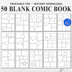 May include: A printable PDF of a blank comic book with 50 pages. Each page has a different layout of panels and speech bubbles. The title at the top reads "50 BLANK COMIC BOOK".
