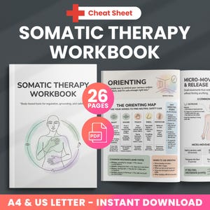 May include: A workbook titled "Somatic Therapy Workbook" with the text "Body-based tools for regulation, grounding, and safety." The image includes a diagram of a person and the text "26 Pages" and "PDF". The workbook is available in A4 & US Letter sizes.