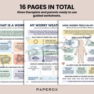 May include: A set of worksheets titled "16 PAGES IN TOTAL" for therapists and parents, focusing on understanding and managing worries. The pages include diagrams and text explaining worry in thoughts, body, and actions, with a pen for writing.