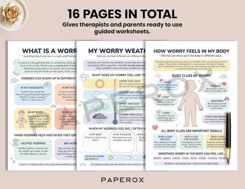 May include: A set of worksheets titled "16 PAGES IN TOTAL" for therapists and parents, focusing on understanding and managing worries. The pages include diagrams and text explaining worry in thoughts, body, and actions, with a pen for writing.