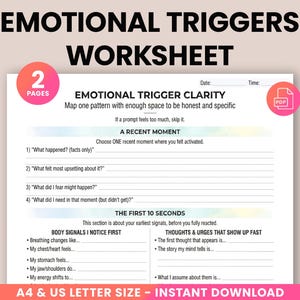 Folha de exercícios imprimível sobre gatilhos emocionais: Identifique gatilhos e sinais corporais, regule as emoções, desenvolva habilidades de enfrentamento e aprenda sobre autoconhecimento. Disponível em PDF nos formatos A4 e Carta (EUA).