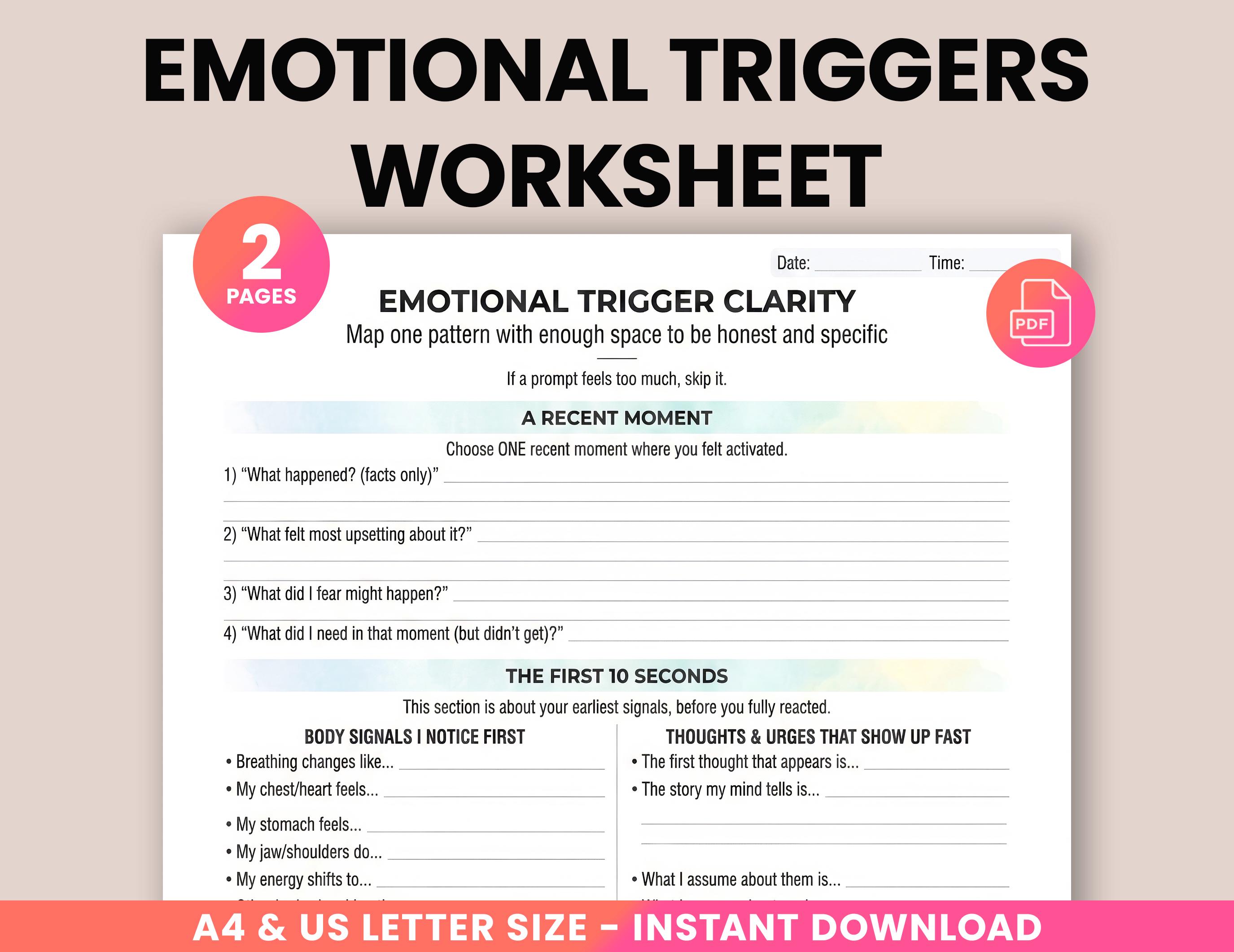 Emotional Triggers Worksheet Printable, Identify Triggers & Body Cues ...