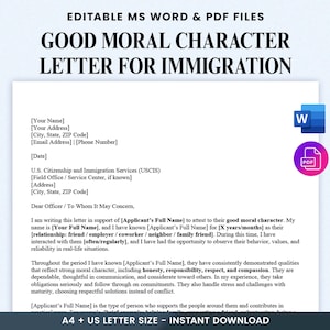 May include: A white document titled "GOOD MORAL CHARACTER LETTER FOR IMMIGRATION" with editable MS Word and PDF files. Includes fields for name, address, and date, with a Microsoft Word and PDF icon.