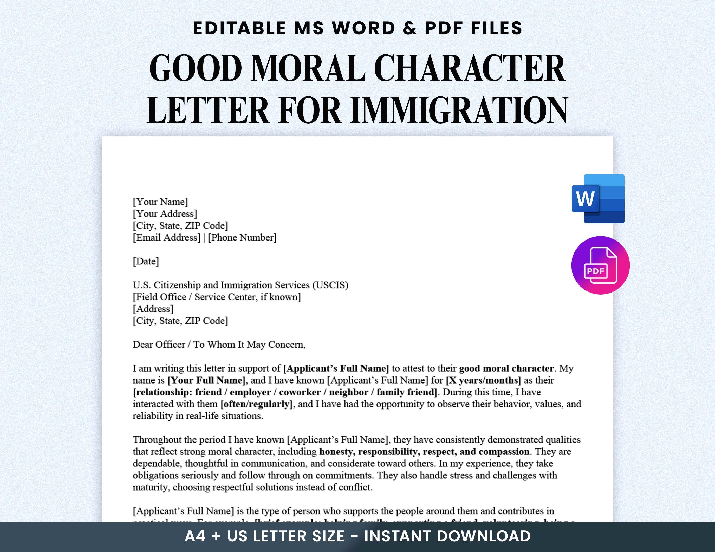 Good Moral Character Letter for Immigration Template - USCIS Character ...