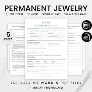 Formulaires de consultation pour bijoux permanents, formulaires de consentement pour bijoux permanents, décharge de responsabilité - Artistes de bracelets soudés et de chevilles - PDF modifiable