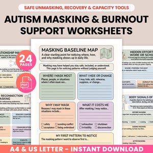 Könnte beinhalten: Eine Sammlung von ausdruckbaren Arbeitsblättern zur Unterstützung bei Autismus-Maskierung und Burnout. Die Seiten umfassen Abschnitte zur Beziehungsabbildung, Maskierungs-Grundlage und Körpersignalen. Erhältlich in A4- und US-Letter-Größe.