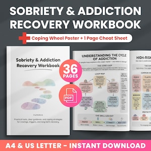 Może przedstawiać: Podręcznik zatytułowany "Sobriety & Addiction Recovery Workbook" z plakatem koła radzenia sobie i arkuszem oszustw. Okładka jest biała z tytułem i akwarelowym wzorem. Podręcznik ma 36 stron i jest dostępny jako natychmiastowe pobranie PDF.
