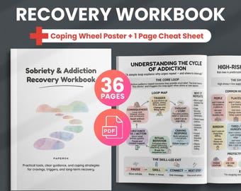 Puede incluir: Un cuaderno de trabajo titulado "Sobriedad y recuperación de adicciones" con un póster de rueda de afrontamiento y una hoja de trucos. La portada es blanca con el título y un diseño de acuarela. El cuaderno tiene 36 páginas.