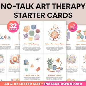 Puede incluir: Un conjunto de "Tarjetas de inicio de terapia de arte sin hablar" con 32 tarjetas, con ilustraciones coloridas e indicaciones. Las tarjetas están diseñadas para la expresión creativa e incluyen instrucciones para diversas actividades artísticas. También se ve el texto "A4 & US Letter Size - Instant Download".