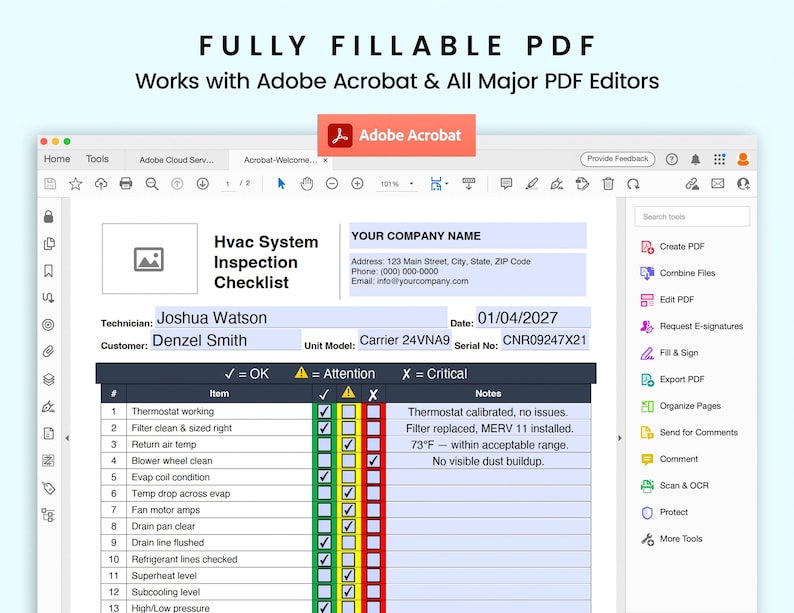 Example Technician Checklist HVAC Inspection Checklist Template • Air Conditioning Service Form ...