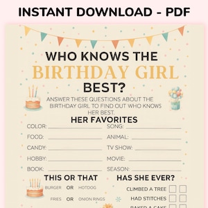 Who Knows The Birthday Girl Best, Birthday Game for Girls, Birthday Party Game, Birthday Trivia Game, Birthday Girl Game, Birthday Printable
