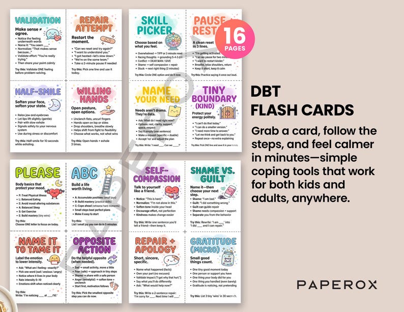 64 DBT Flash Cards Printable, Dialectical Behavior Therapy Coping ...