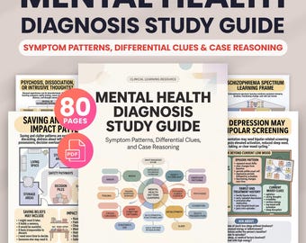 Puede incluir: Una guía de estudio de diagnóstico de salud mental en formato PDF de 80 páginas. El documento presenta el título Mental Health Diagnosis Study Guide, Symptom Patterns, Differential Clues, and Case Reasoning, con diagramas y texto.