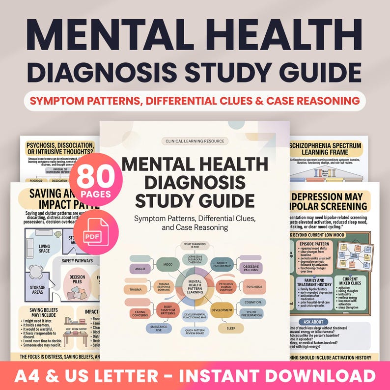 Puede incluir: Una gu&iacute;a de estudio de diagn&oacute;stico de salud mental en formato PDF de 80 p&aacute;ginas. El documento presenta el t&iacute;tulo Mental Health Diagnosis Study Guide, Symptom Patterns, Differential Clues, and Case Reasoning, con diagramas y texto.