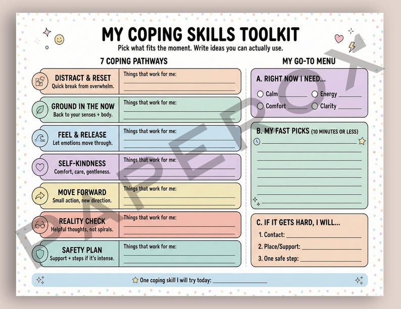 7 Types of Coping Skills Worksheet, Stress Management Tools, Therapy ...