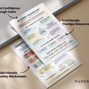 May include: Two white worksheets with colorful illustrations and text, designed for children. The top sheet is titled "MY WORRY TRIGGERS MAP" and the bottom sheet is titled "Child Friendly Anxiety Worksheets". The worksheets are a kid-friendly therapy resource.