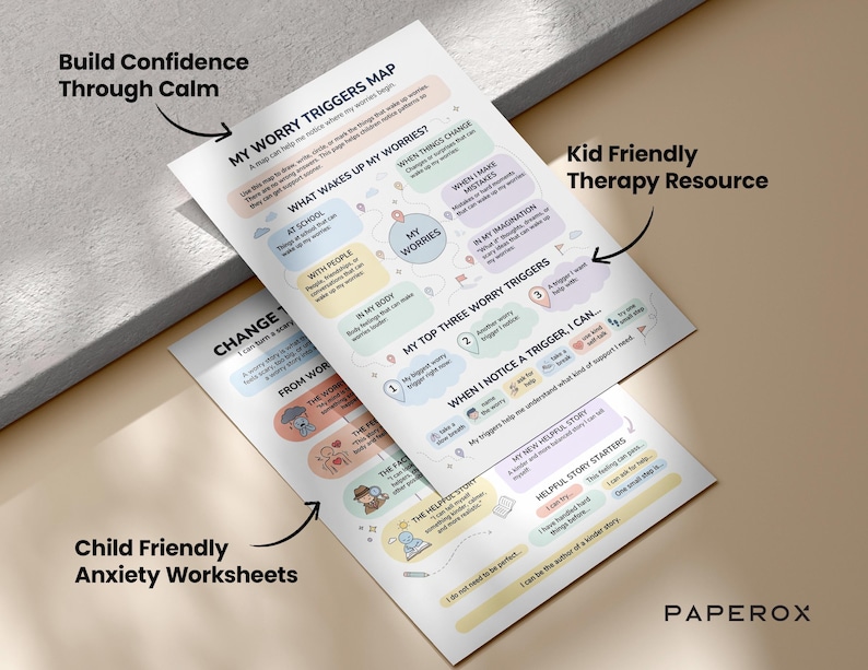 May include: Two white worksheets with colorful illustrations and text, designed for children. The top sheet is titled "MY WORRY TRIGGERS MAP" and the bottom sheet is titled "Child Friendly Anxiety Worksheets". The worksheets are a kid-friendly therapy resource.