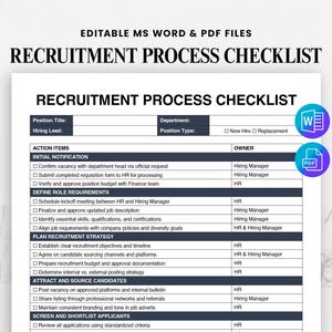 Puede incluir: Una lista de verificación del proceso de reclutamiento en blanco con texto negro, que incluye secciones para elementos de acción, requisitos de rol y estrategia. El documento incluye el texto "EDITABLE MS WORD & PDF FILES" e iconos de Word y PDF.