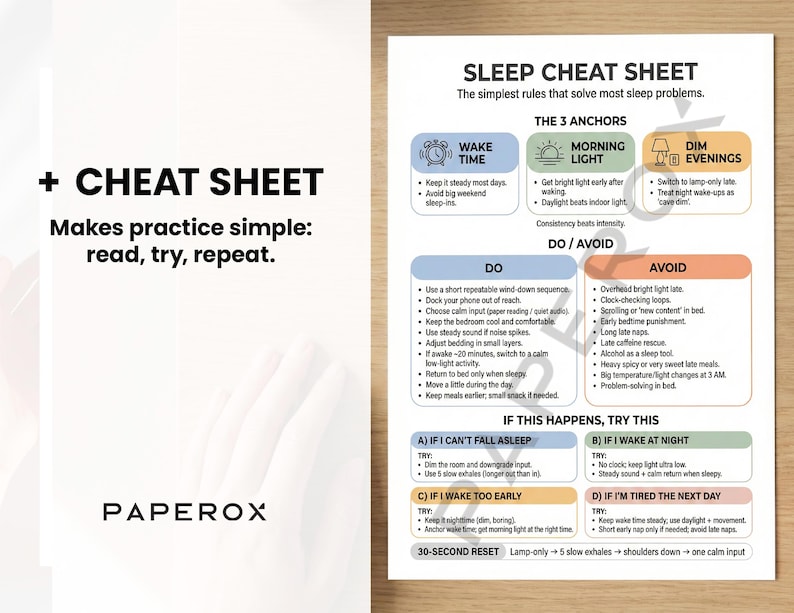 Pode incluir: Uma folha de papel branca intitulada "SLEEP CHEAT SHEET" com texto e diagramas que oferecem dicas de sono. A folha inclui se&ccedil;&otilde;es sobre a hora de acordar, a luz da manh&atilde; e as noites escuras. O texto diz "Makes practice simple: read, try, repeat."