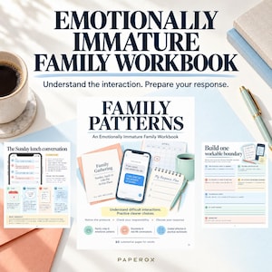 May include: The Emotionally Immature Family Workbook features a central page titled Family Patterns, flanked by two smaller pages titled The Sunday lunch conversation and Build one workable boundary, all displaying text, diagrams, and illustrations.