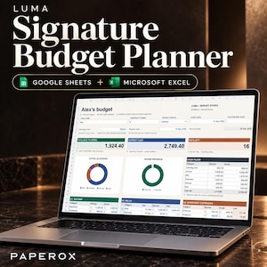 May include: A laptop screen displaying the Luma Signature Budget Planner, a digital spreadsheet compatible with Google Sheets and Microsoft Excel. The interface shows Alex's budget with data tables, pie charts, and cash flow summaries in a clean layout.