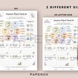 May include: Two printed Emotion Wheel Check-In sheets labeled A4 and US Letter Size. Each sheet features a central flower diagram with pastel-colored petals representing emotions like happy, calm, sad, angry, scared, and ashamed, plus six numbered writing prompts.