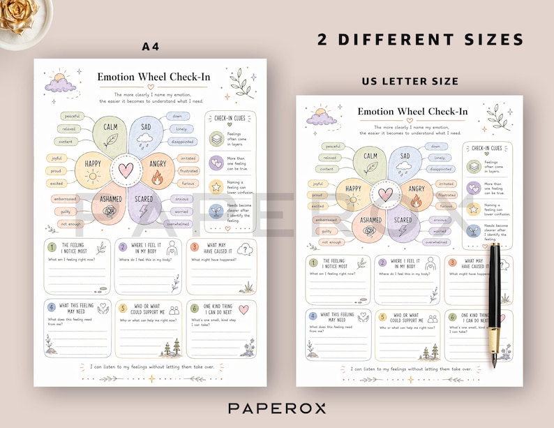 May include: Two printed Emotion Wheel Check-In sheets labeled A4 and US Letter Size. Each sheet features a central flower diagram with pastel-colored petals representing emotions like happy, calm, sad, angry, scared, and ashamed, plus six numbered writing prompts.