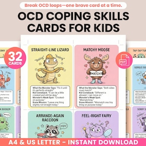 May include: A set of illustrated OCD coping skills cards for kids. The cards feature colorful cartoon characters and phrases like "Straight-Line Lizard" and "Matchy Moose." The text on the cards includes coping strategies and brave missions. The set includes 32 cards.