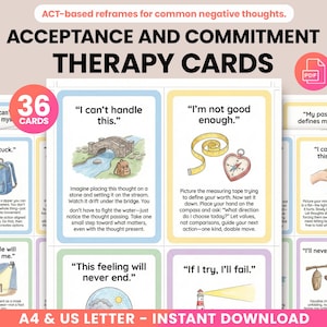 May include: A set of 36 therapy cards with ACT-based reframes for negative thoughts. Each card features a unique illustration and a related affirmation. The cards are designed for instant download and are available in A4 and US Letter sizes.