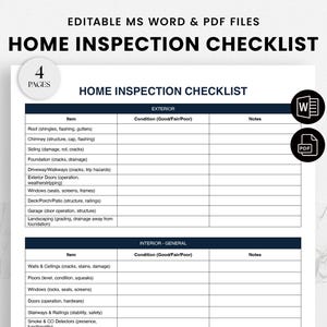 Może przedstawiać: Drukowana lista kontrolna inspekcji domu na czterech stronach. Lista kontrolna jest podzielona na dwie sekcje: Zewnętrze i Wnętrze - Ogólne. Każda sekcja zawiera kolumny dla Elementu, Stanu (Dobry/Dość dobry/Zły) i Notatek.