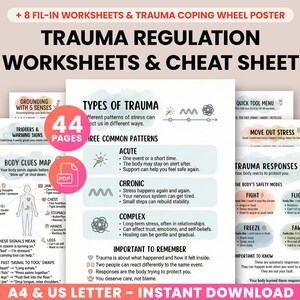 May include: A collection of printable worksheets and a cheat sheet focused on trauma regulation. The materials include guides on grounding techniques, identifying triggers, body clues, and trauma responses. The documents are available for instant download in A4 and US Letter sizes.