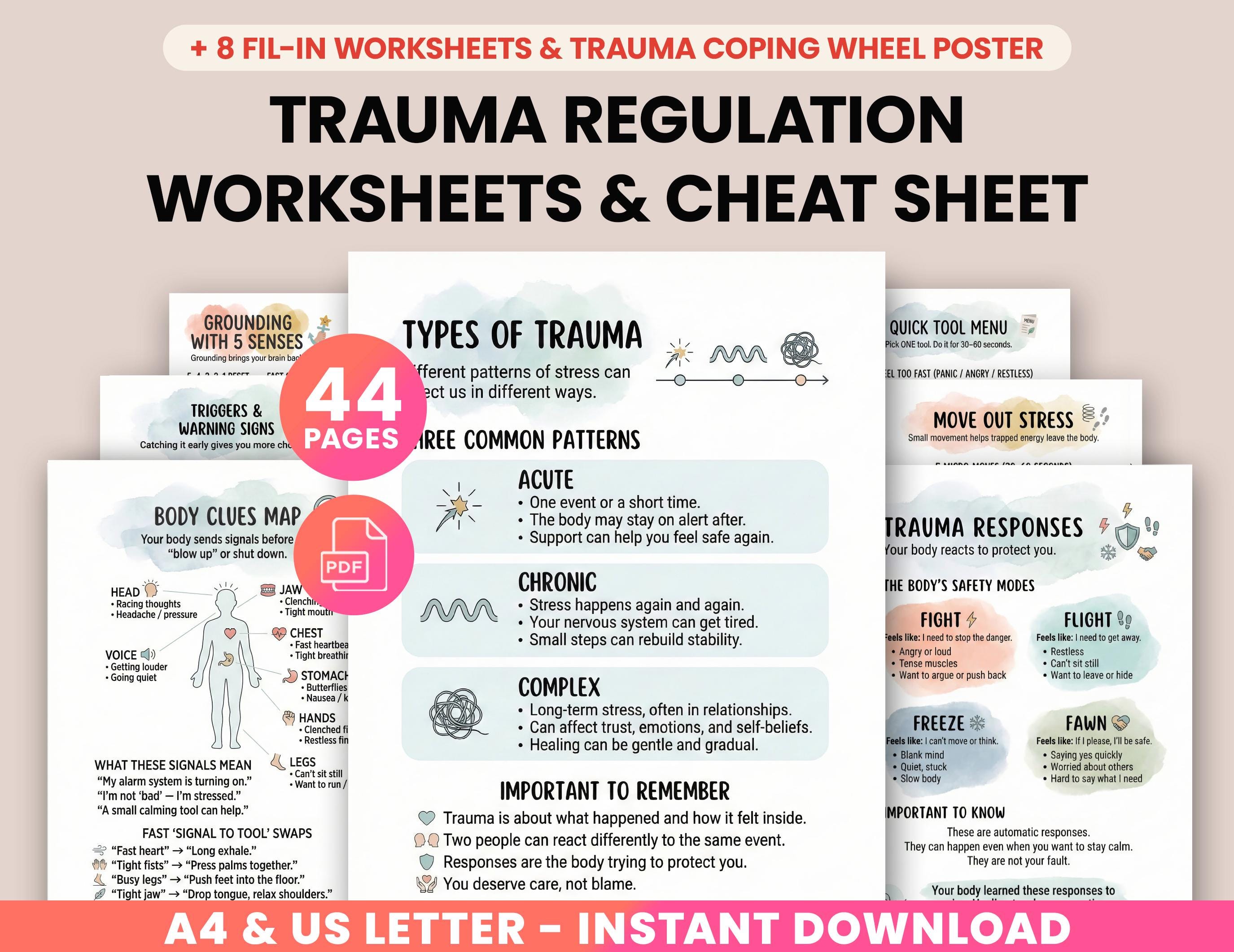 Trauma Healing Worksheets & Cheat Sheet, Coping Skills Toolkit, PTSD ...