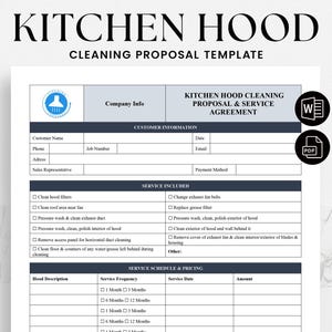 May include: A black and white printable template for a kitchen hood cleaning proposal and service agreement. The template includes sections for customer information, service included, service schedule and pricing, and a company logo.