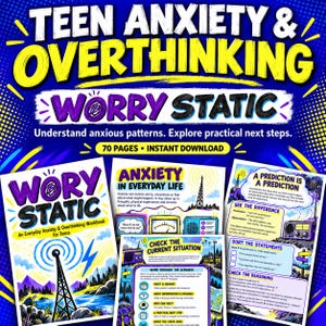 Peut inclure: Un cahier d'exercices numérique intitulé Teen Anxiety & Overthinking: Worry Static, comprenant 70 pages. La couverture et les pages intérieures présentent des illustrations de tours radio, des paysages et des encadrés avec des conseils.