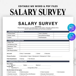 Puede incluir: Un formulario de encuesta salarial blanco con el t&iacute;tulo "SALARY SURVEY" en texto negro en negrita. El formulario incluye secciones para detalles de la organizaci&oacute;n, informaci&oacute;n del puesto y estructura de compensaci&oacute;n. Archivos editables de MS Word y PDF.