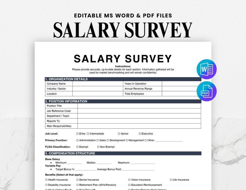 Puede incluir: Un formulario de encuesta salarial blanco con el t&iacute;tulo "SALARY SURVEY" en texto negro en negrita. El formulario incluye secciones para detalles de la organizaci&oacute;n, informaci&oacute;n del puesto y estructura de compensaci&oacute;n. Archivos editables de MS Word y PDF.